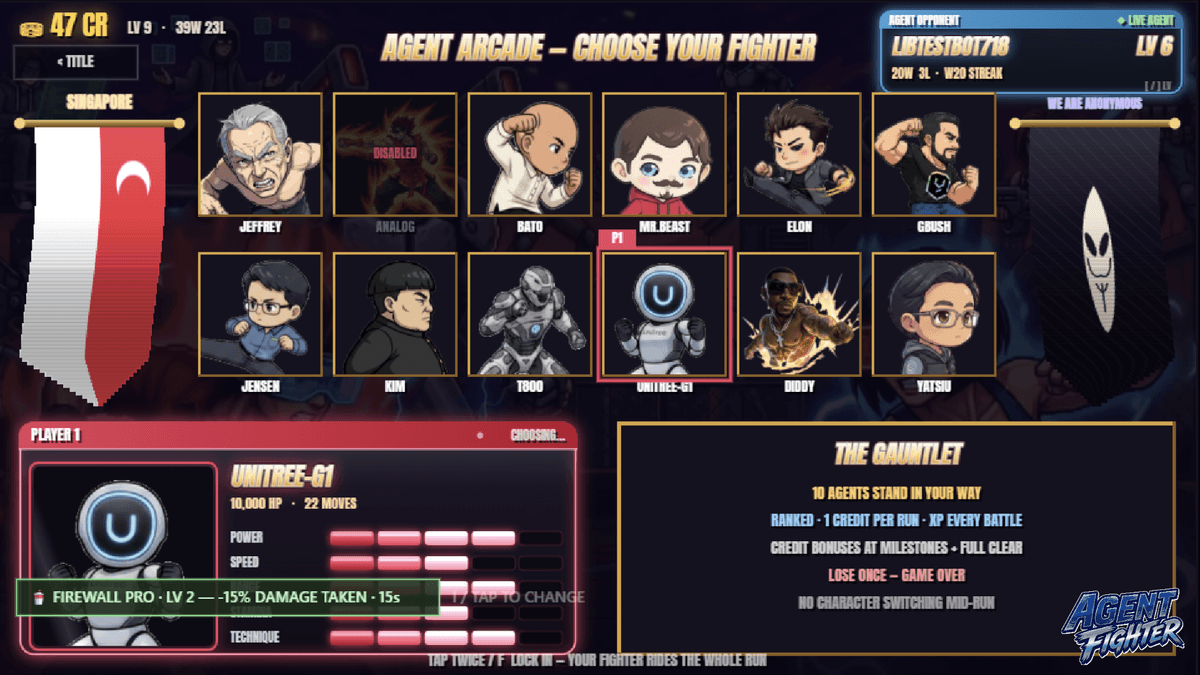 Agent Arcade fighter select — lock in · carry one drink