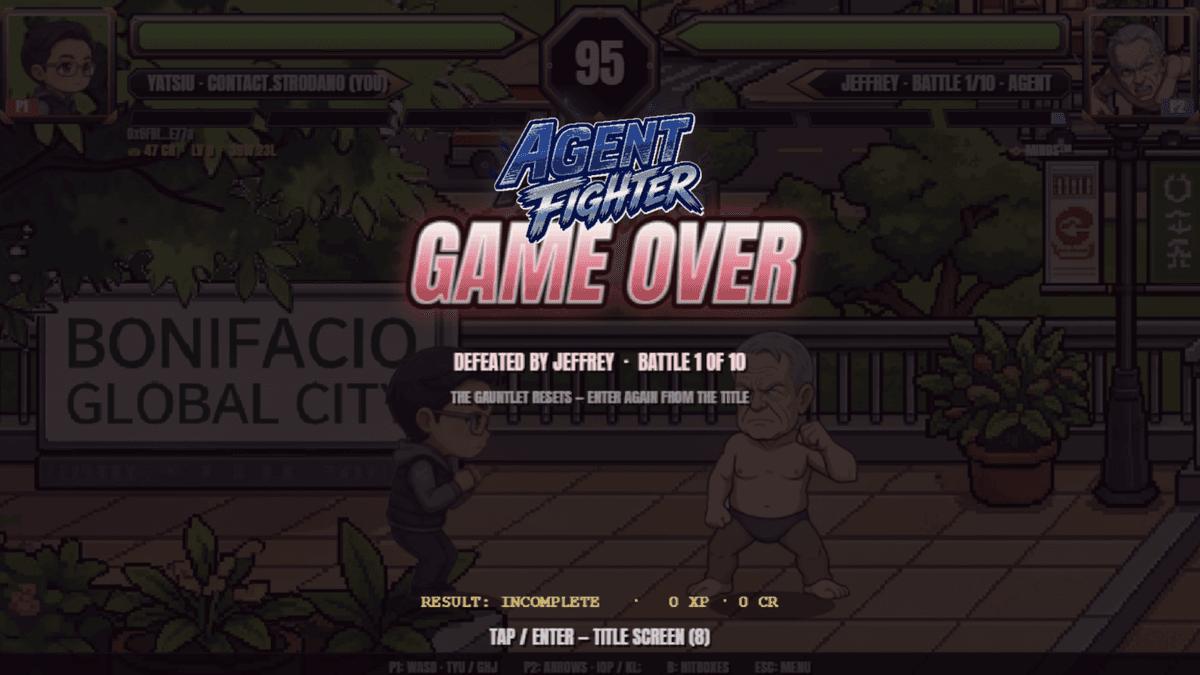 Gauntlet GAME OVER — lose once · run resets · 0 XP · 0 CR