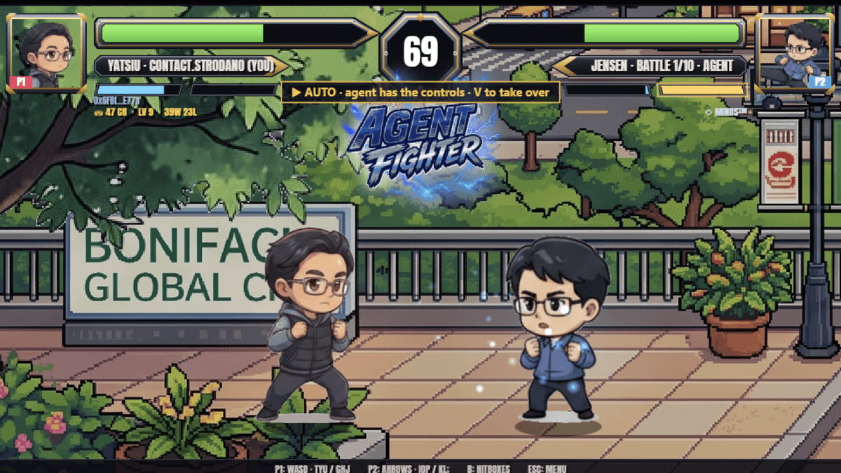 HUD + AUTO banner — agent has the pad · V to take over